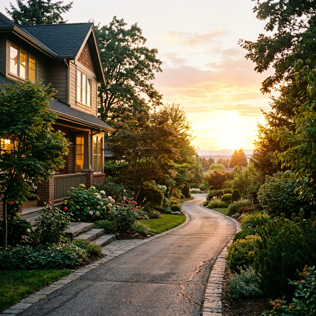 Tree-lined residential street beside a house at sunset