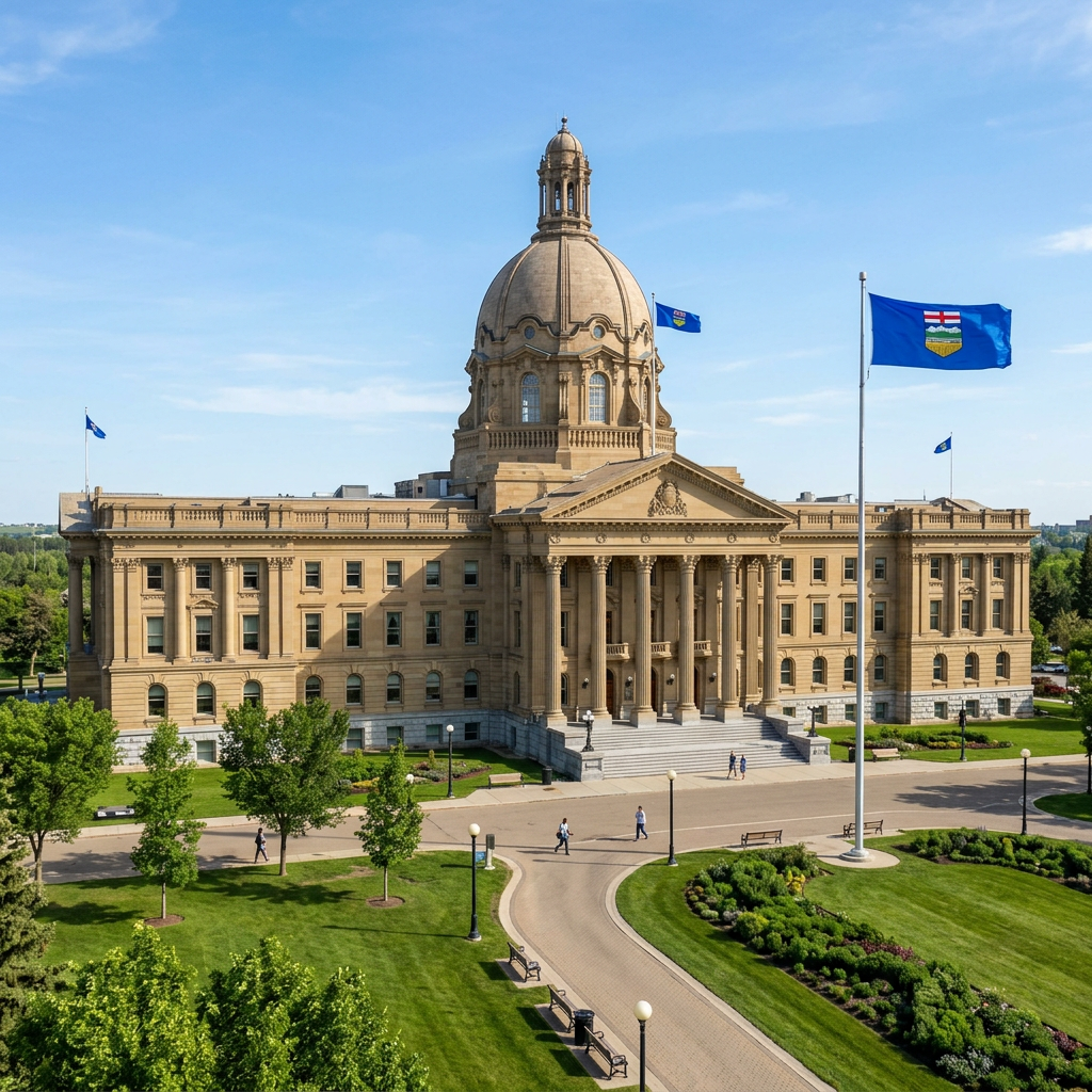 Alberta Legislature Building with provincial flags and landscaped grounds
